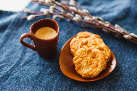 A cup of espresso on a table with cookies Stock Photos