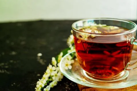 A cup of flower tea with spring cherry blossom on a black background. Copy sp Stock Photos
