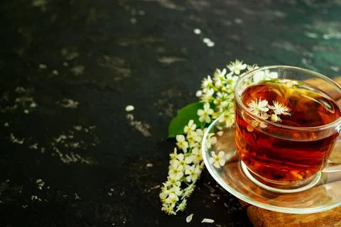 A cup of flower tea with spring cherry blossom on a black background. Copy sp Stock Photos