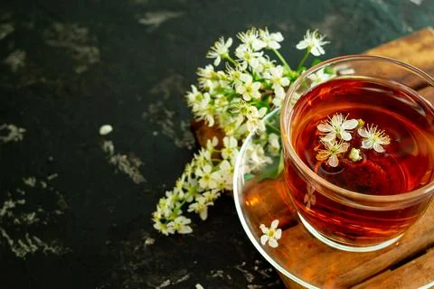A cup of flower tea with spring cherry blossom on a black background. Copy sp Stock Photos