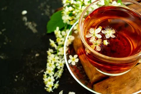 A cup of flower tea with spring cherry blossom on a black background. Copy sp Stock Photos