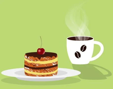 Cup of fragrant steaming coffee and cake with cherry on a saucer. Vector illu Stock Illustration