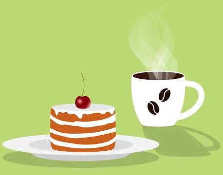 Cup of fragrant steaming coffee and cake with cherry on a saucer. Vector illu Stock Illustration
