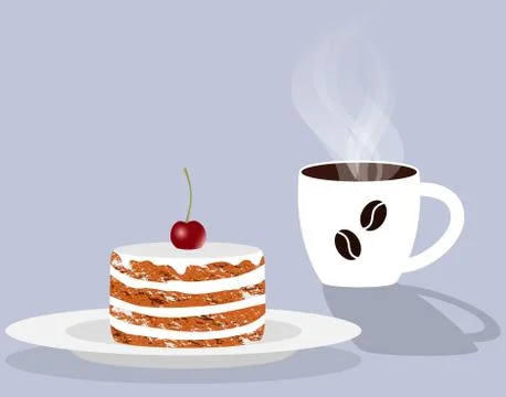 Cup of fragrant steaming coffee and cake with cherry on a saucer. Vector illu Stock Illustration