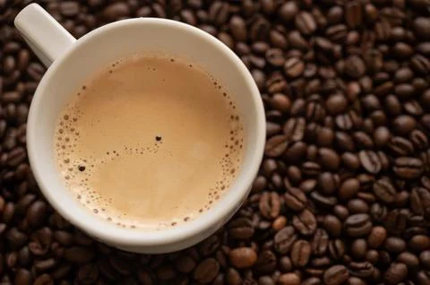 Cup of Fresh Espresso Coffee on Roasted Coffee Beans Background Stock Photos