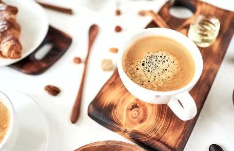 Cup of fresh espresso on table, view from above Stock Photos