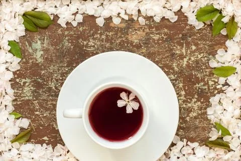 Cup of fruit tea and cherry blossom Stock Photos