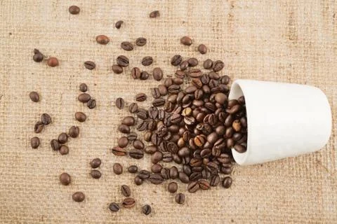Cup full of coffee beans over hessian cloth Foto stock