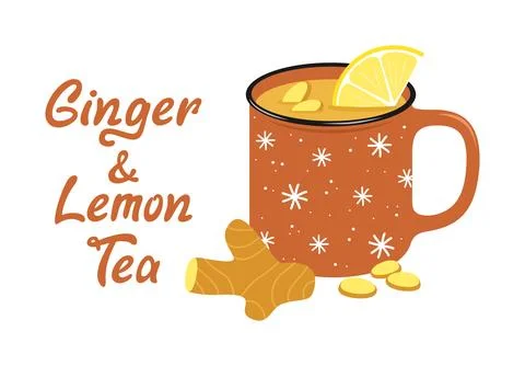 A cup of ginger lemon tea with ginger root and a slice of lemon Stock Illustration