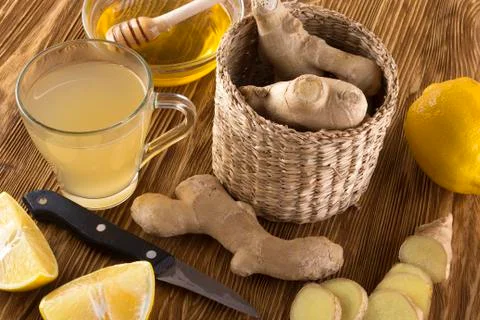 Cup of Ginger tea with lemon and honey. Stock Photos