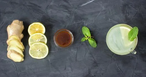 Cup of Ginger tea with lemon and honey. top view Stock Photos
