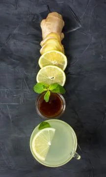 Cup of Ginger tea with lemon and honey. top view. vertical Stock Photos