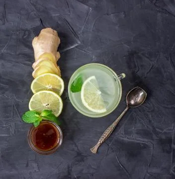Cup of Ginger tea with lemon and honey. top view. vertical Stock Photos