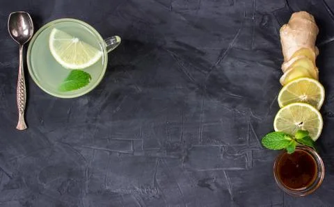 Cup of Ginger tea with lemon and honey. top view Stock Photos