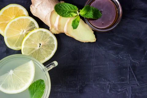 Cup of Ginger tea with lemon and honey. top view Stock Photos