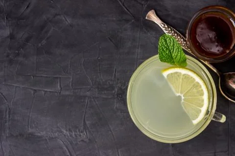 Cup of Ginger tea with lemon and honey. top view Stock Photos