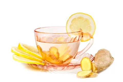 A cup of ginger tea with lemon. Ginger tea  isolated on white background Stock Photos