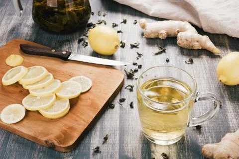 Cup of Ginger tea with lemon. Stock Photos
