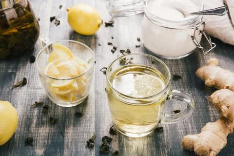 Cup of Ginger tea with lemon. Stock Photos