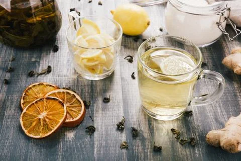 Cup of Ginger tea with lemon. Stock Photos