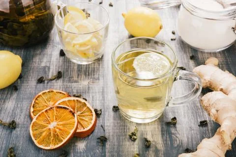 Cup of Ginger tea with lemon. Stock Photos
