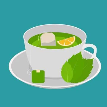 Cup with green mint tea and lemon in flat design. Vector Illustration Ilustración de archivo
