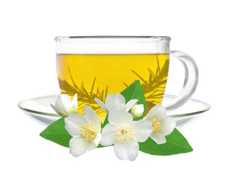 Cup of green tea with jasmine flowers isolated on white Photos