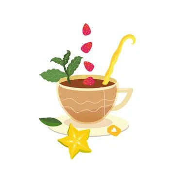 Cup of herbal fruit tea with peppermint, wild strawberries and starfruit. Stock Illustration
