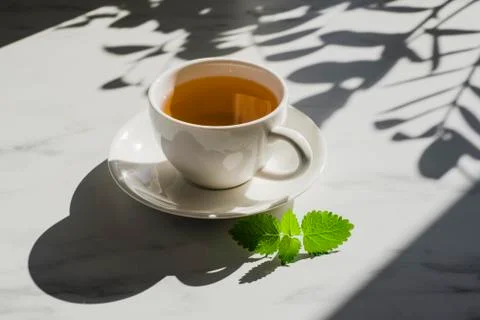 Cup of herbal mint tea at marble table Stock Photos