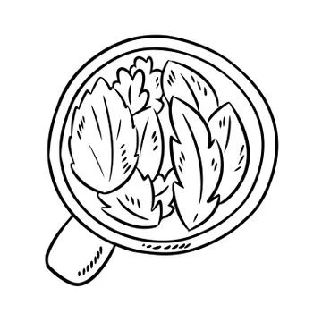 Cup of herbal tea. Hand drawn cartoon style tea leaves drink. Cute doodle ske Stock Illustration