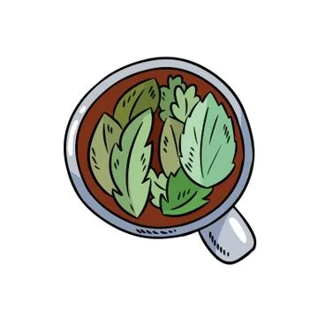 Cup of herbal tea. Hand drawn cartoon style tea leaves drink. Stock Illustration