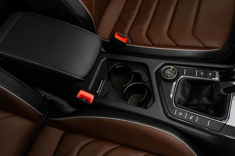 Cup holder in car. Interior view of modern car. Modern car cup holder Stock Photos
