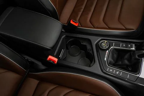 Cup holders inside modern car interior. Interior view of modern car. Foto stock