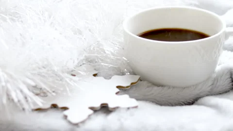 Cup of hot black espresso coffee on christmas background Stockbeeldmateriaal 205445927