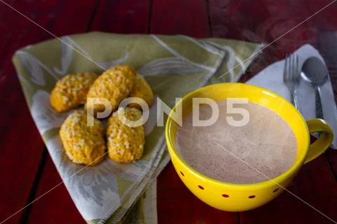 Cup of hot chocolate with breads Stock Photos