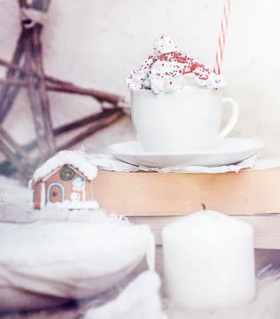 Cup of hot chocolate, Christmas postcard, xmas mood, festive vibes. Stock Photos