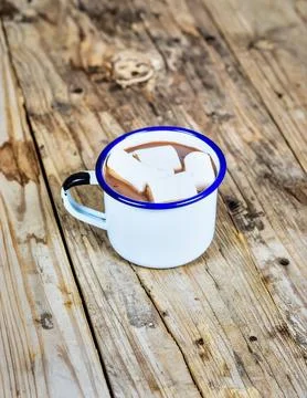 Cup of Hot Chocolate with Marshmallows on Rustic Wooden Table for Premium S.. Stock Photos