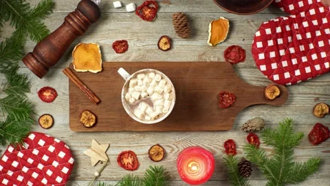 Cup of hot chocolate with marshmallows on the table Stock Footage 196225763