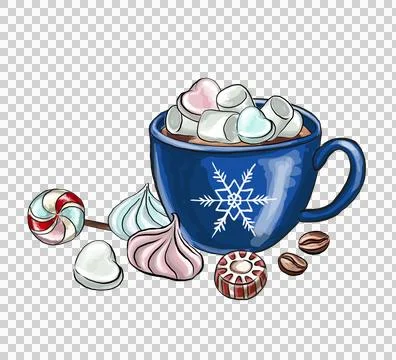 Cup of hot chocolate or coffee decorated with cookies and marshmallows, cream Illustrazione stock