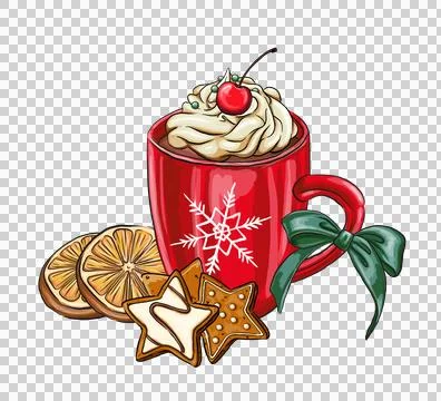 Cup of hot chocolate or coffee decorated with cookies and marshmallows, cream Illustrazione stock
