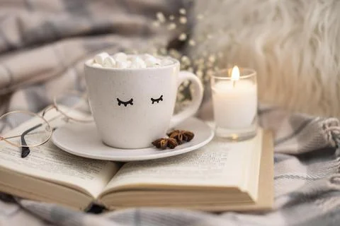 Cup of hot cocoa with marshmallows on book with candle. High quality photo Stock Photos