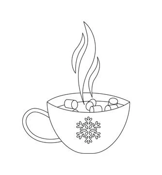 Cup of hot cocoa with marshmallows coloring page. Black and white hot beverage Stock Illustration