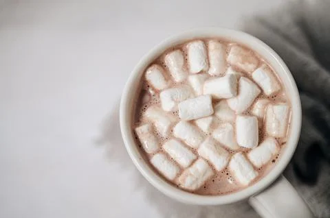 Cup of hot cocoa with marshmallows, warm winter drink Stock Photos