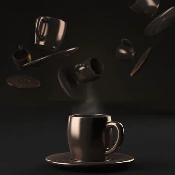 Cup of hot coffee with flying cups in background, 3d illustration Stock Illustration