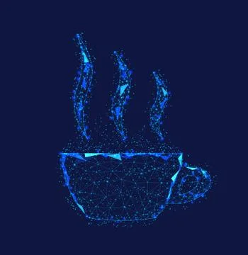 Cup of hot coffee with steam from triangles and luminous points. Polygonal il 스톡 일러스트