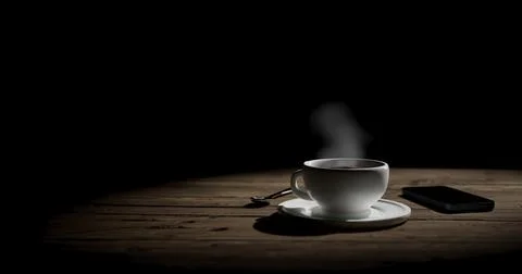 Cup with hot coffee on the table on a black background Stock Illustration