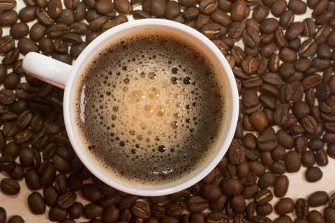 Cup of hot coffee. top view. background Stock Photos