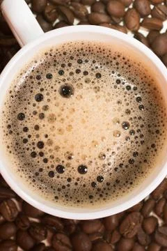 Cup of hot coffee. top view. background Stock Photos