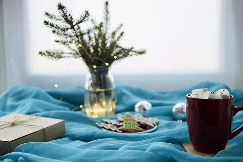 Cup with hot drink with marshmallows and homemade Christmas cookies. Happy Stock Photos