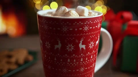 A cup of hot drink with marshmallows poured with melted caramel. 4K Footage Stock Footage 232986653